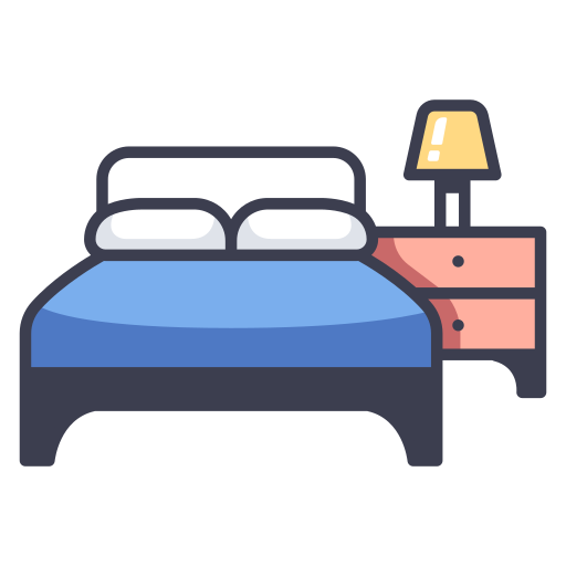 A cartoon bed and nightstand