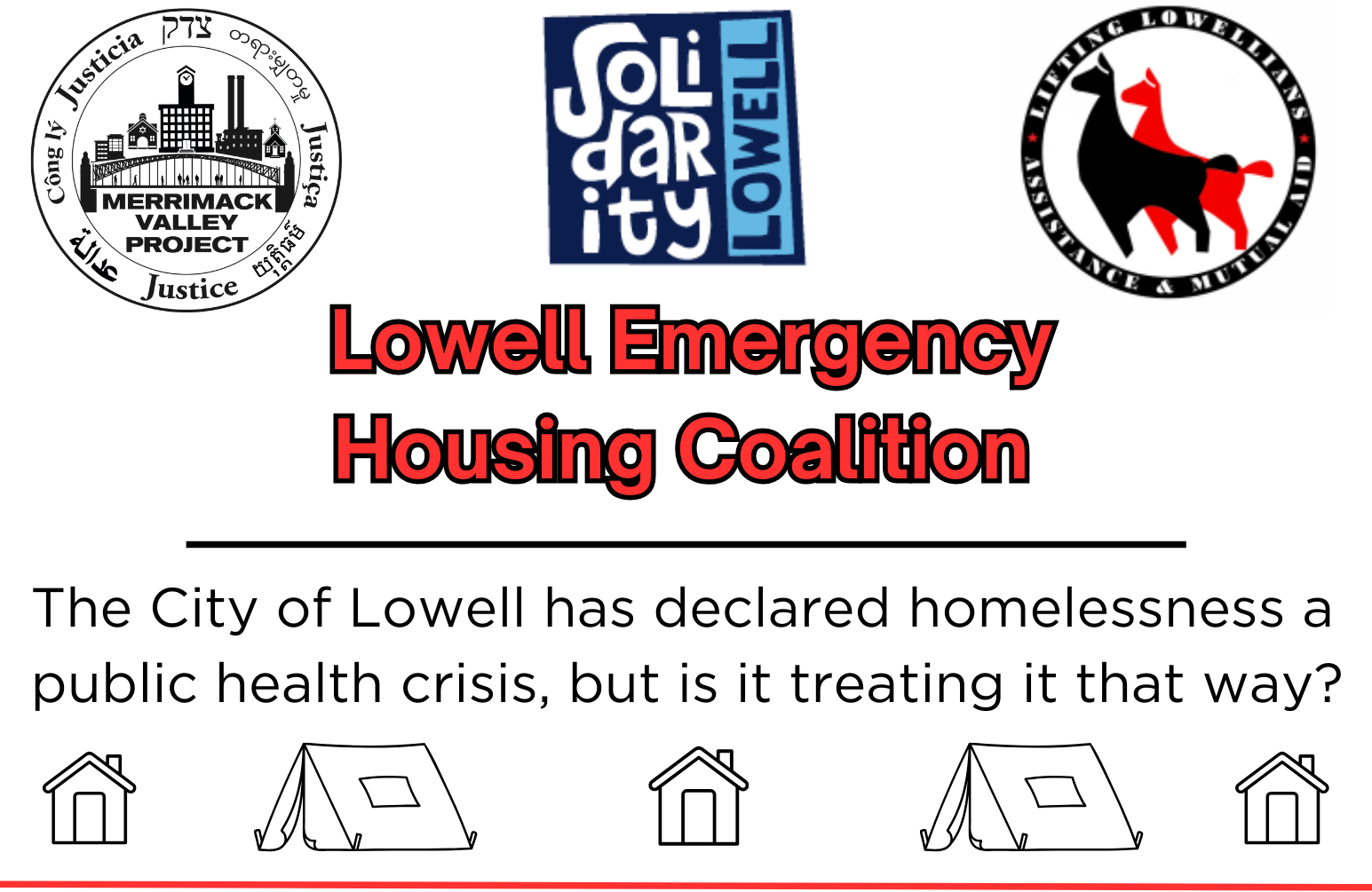 Graphic for the Lowell Emergency Housing Coalition, a project by LLAMA, Solidarity Lowell, and the Merrimack Valley Housing Project