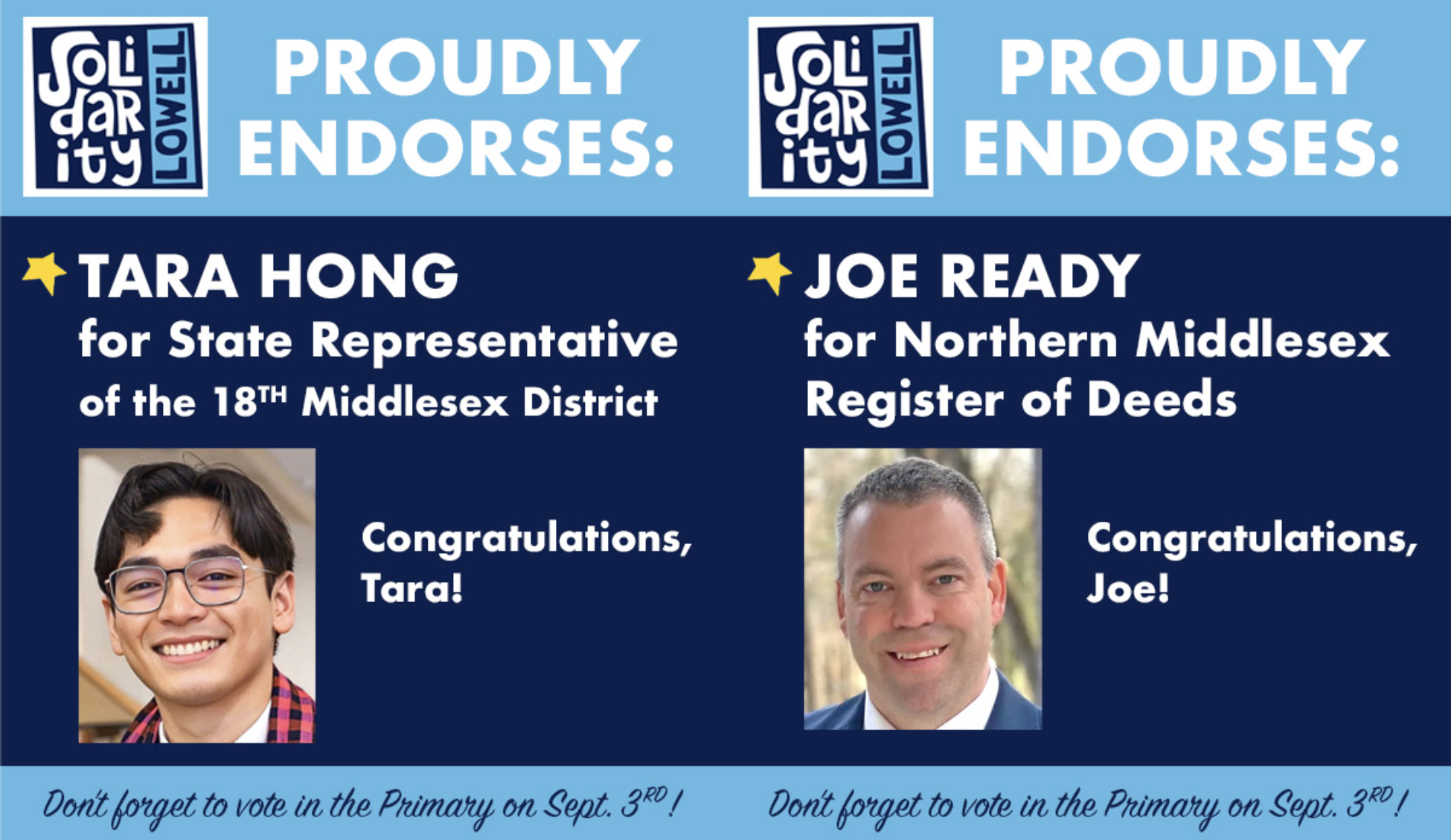 Solidarity Lowell 2024 endorsed candidates: Tara Hong for State Representative of the 18th Middlesex, and Joe Ready for Register of Deeds in the Northern Middlesex