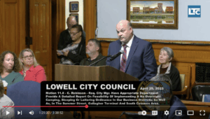 Ron Peacetree, a member of the Coordinating Committee of Solidarity Lowell, speaking out against a ban on overnight "camping" in downtown Lowell.